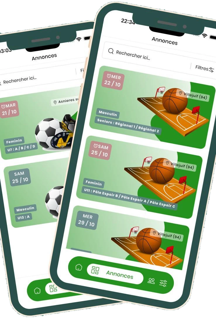 Double mockup de l'app montrant la recherche d'adversaires et les annonces de matchs